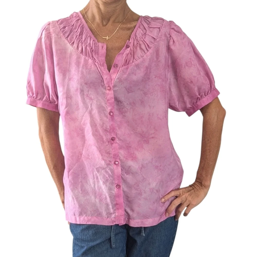 Johnny Was Amanda Bond 100% Silk Pink Peasant Blouse Puff Sleeve XS/S